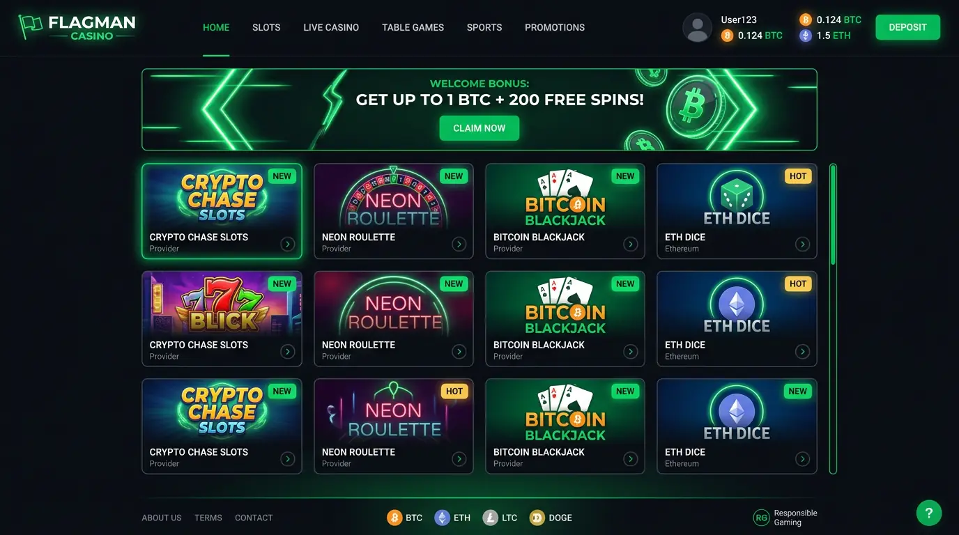 Flagman Casino lobby — game grid with crypto wallet panel, 5500+ titles, dark UI